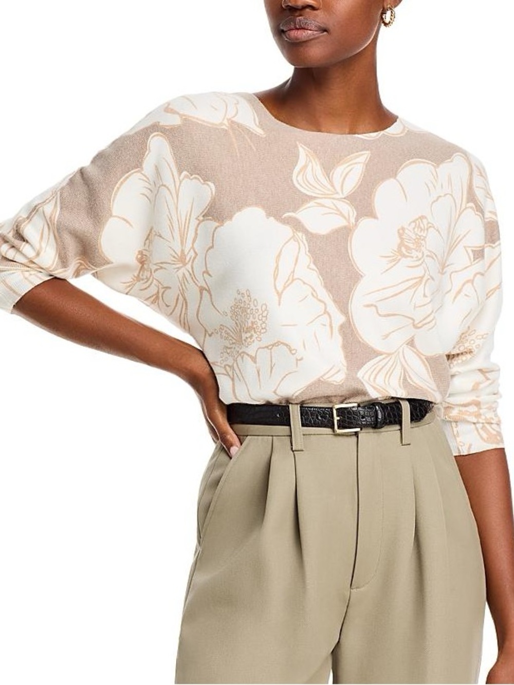 Sioni Beige Crewneck Sweatshirt with Cream Floral Print